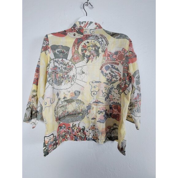 Citron Santa Monica Womens Linen Asian Print Button-Up Shirt Large 3/4 Sleeve - Picture 2 of 7